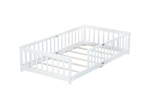 English Elm Twin Low Profile Rubberwood Floor Bed with Full Safety Fence for Toddler Rooms White W504P429335