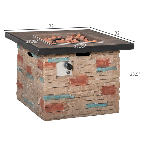 English Elm Outsunny 32 Inch Outdoor Propane Gas Fire Pit Table with 50,000 BTU, Faux Stone Square Design, Lava Rocks, Rain Cover Brown W2225P217255