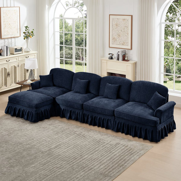 English Elm Classic Three Seater Modular L-Shaped Sectional Sofa With Flared Arms, Ruffled Skirts & Ottoman W3041S00261