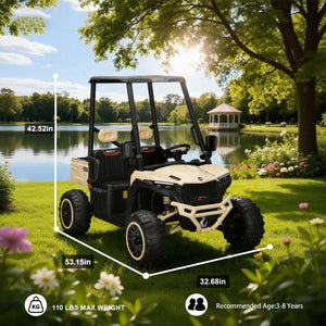 English Elm 24v Kids Electric Golf Cart Two Seat 4wd Ride on Toy with Remote and Sun Shade Beige W3822P387465