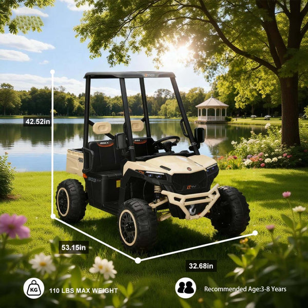 English Elm 24v Kids Electric Golf Cart Two Seat 4wd Ride on Toy with Remote and Sun Shade Beige W3822P387465