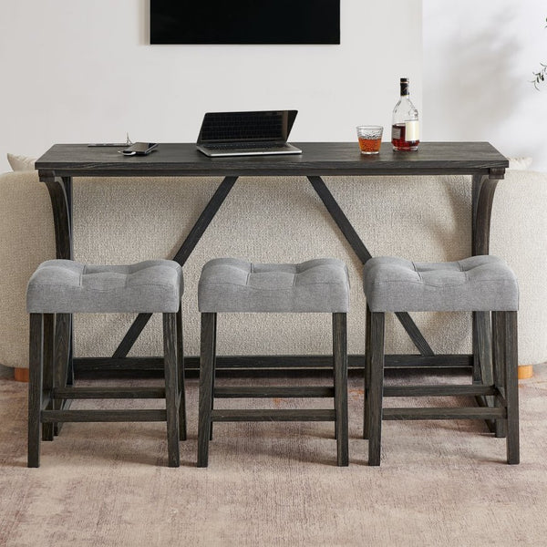English Elm 59 Inch Bar Table Set with Power Outlet Rubberwood Frame and 3 Linen Stools Black W2972P385253
