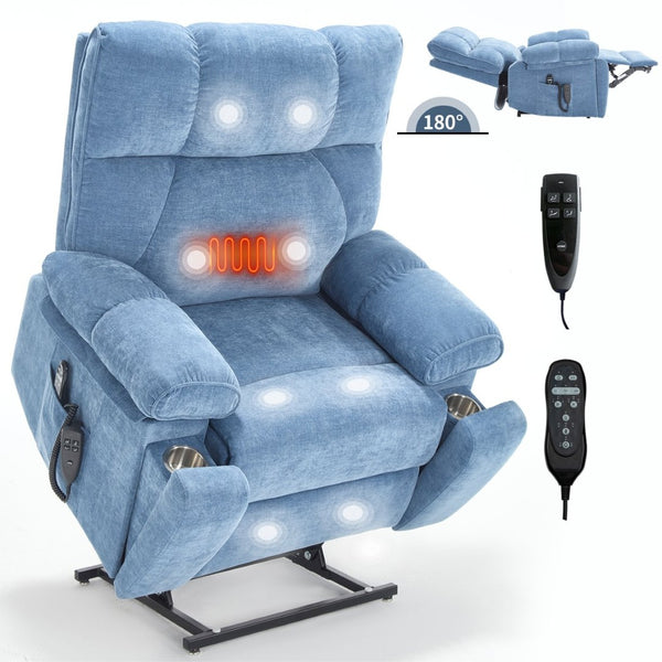 English Elm Beige Chenille Power Lift Recliner Dual Motor Massage Heat 350 Lb Capacity Blue W1803P264051