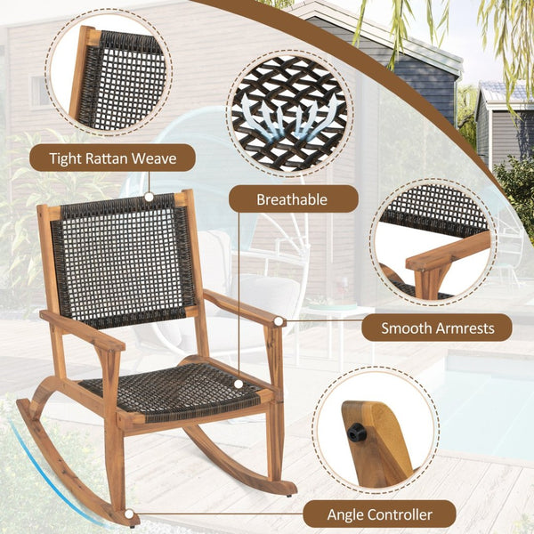 English Elm Go Acacia Wood Outdoor Rocking Chair Set Two Pe Wicker Seats for Patio Porch Dark Brown N704P245214D