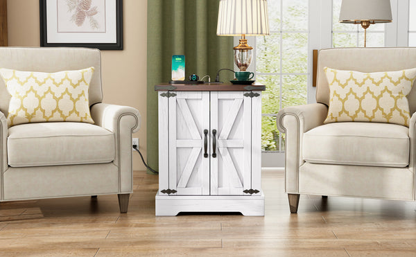 English Elm ON-TREND Farmhouse End Table with Built-In Charging Station, Rustic Walnut Top, Adjustable Shelf White + Deep Walnut N721P246478K