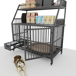English Elm Large Pet Cage with Iron Frame Mdf Panels Storage Rack and Steel Feeding Basins Black,Gray+Charcoal W3064P245387