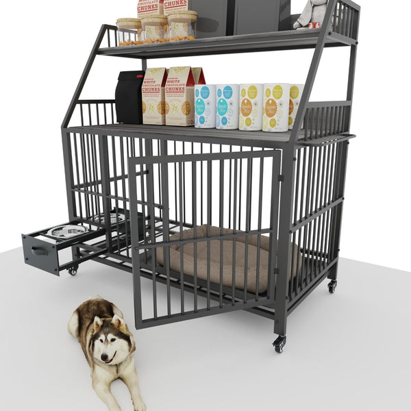 English Elm Large Pet Cage with Iron Frame Mdf Panels Storage Rack and Steel Feeding Basins Black,Gray+Charcoal W3064P245387