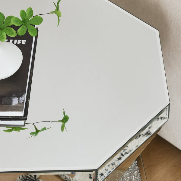 English Elm Drum Art Deco Mirror Table with Crushed Crystal Inlay, Silver Mirrored Drum Accent for Living Room W1005P190409