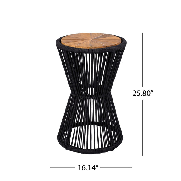 English Elm Scott Living Nara Outdoor Acacia Wood Side Tables with Woven Rope Iron Frame Set Black,Teak N770PS2354692B