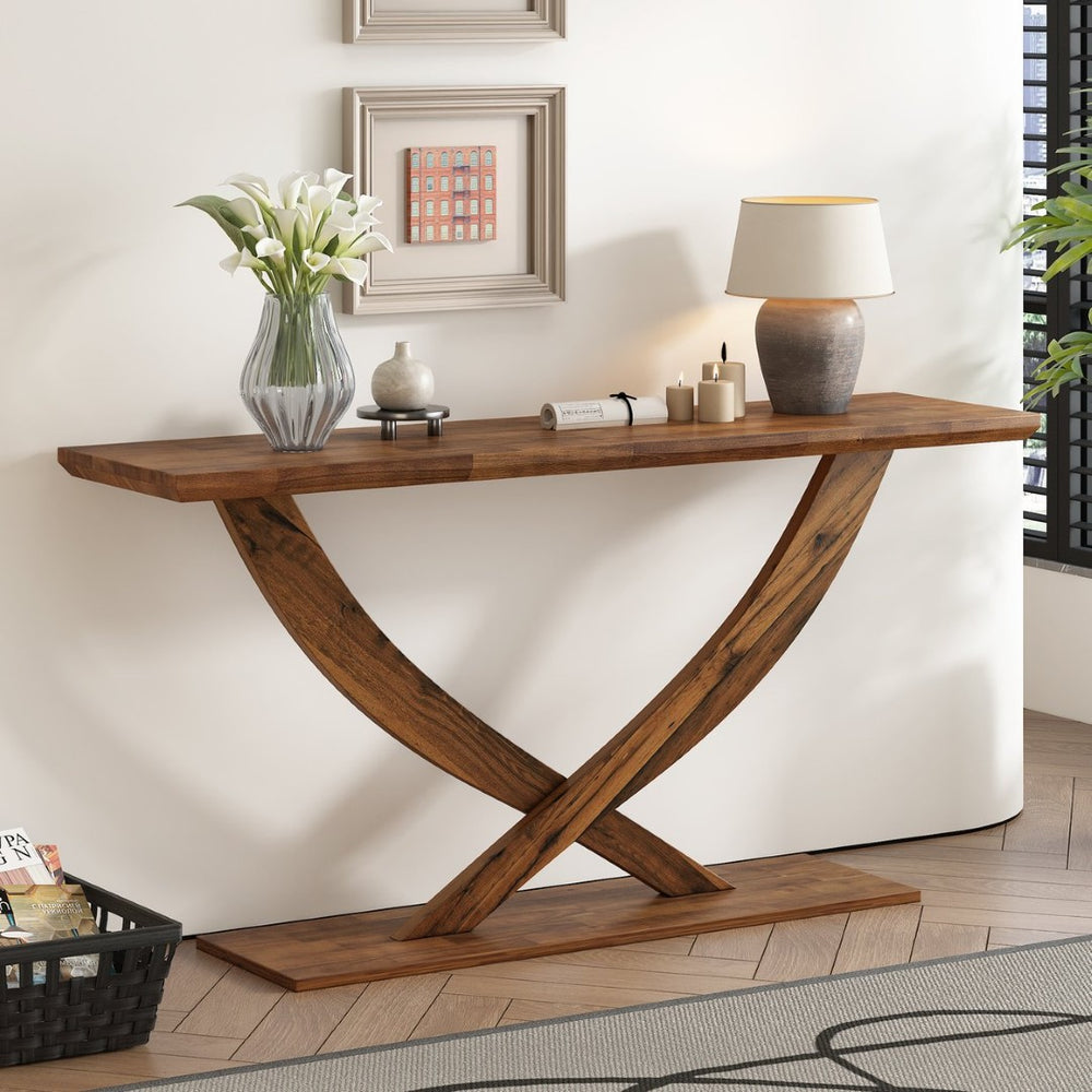 English Elm Mirod 57 Inch Acacia Veneer Console Table with Cross Leg Base for Entryway Brown N760P214643D