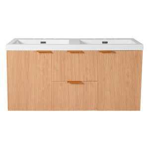 English Elm [video]47.24 Inch Floating Double Sink Vanity Mdf Cabinet Gold Handles Modern Bath N729P000025N