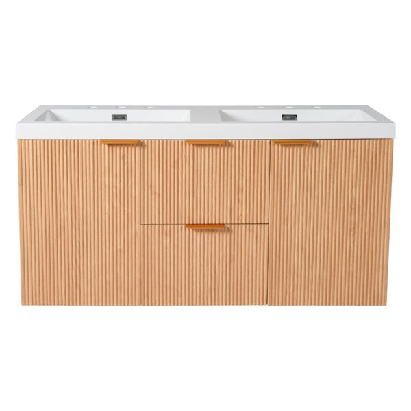 English Elm [video]47.24 Inch Floating Double Sink Vanity Mdf Cabinet Gold Handles Modern Bath N729P000025N