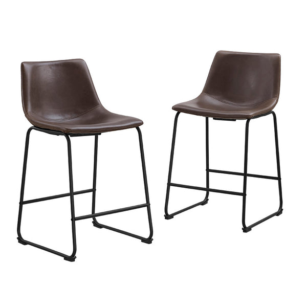 English Elm Walker Edison - Industrial Faux Leather Counter Stools Set of 2 Brown — PU Leather Seats, Industrial Steel Legs, Luxe Comfort B185P169311