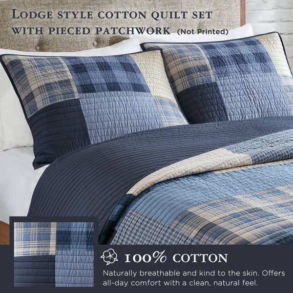 English Elm 3-piece King Cotton Patchwork Quilt Set Navy Denim White Plaid Heirloom Bedding B035P463258