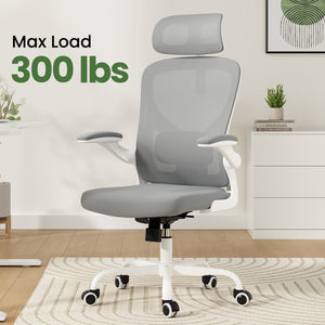 English Elm Ergonomic Office chair with adjustable headrest and lumbar support, breathable mesh, space-saving design Gray,White T3623P368561