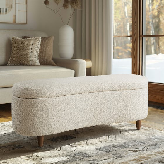 English Elm Boucle Flip Top Storage Bench with Elm Legs – 400 lb Capacity, Plush Polyester Upholstery, 48" Wide Cream 48.5 L x 17 W x 15 H B035P262675