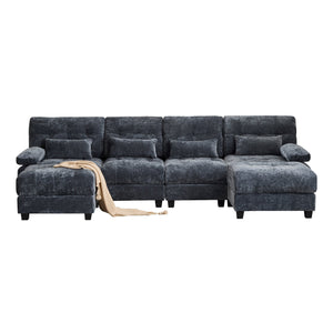 English Elm 119" 4-Seater Sofa with 2 Ottomans - Adjustable 4-Position Backrests, 350lb/Seat, Plush Chenille Blue W2606S00038