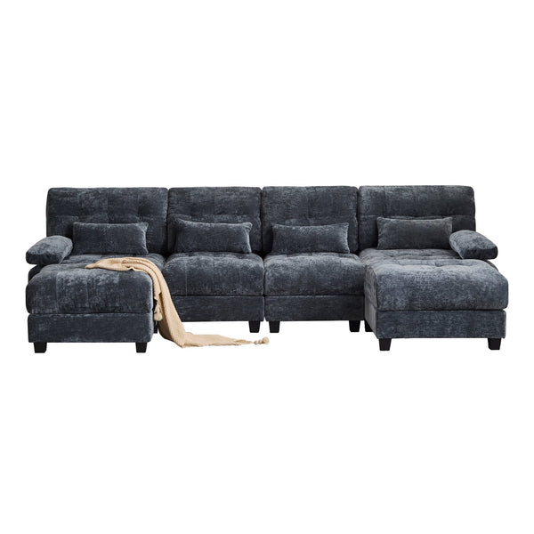 English Elm 119" 4-Seater Sofa with 2 Ottomans - Adjustable 4-Position Backrests, 350lb/Seat, Plush Chenille Blue W2606S00038