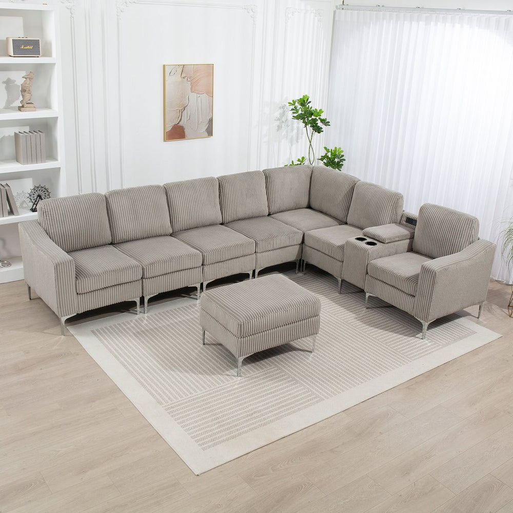 English Elm Convertible Sectional Sofa With Storage Ottoman, Cupholders & Usb Ports - Modern Gray Comfort For Living Rooms W3098S00031