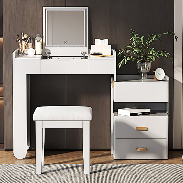 English Elm 3-in-1 Makeup Vanity Desk with Flip Mirror, LED 3-Color Lighting, Expandable Length & Ample Storage Drawers White N844P285298A
