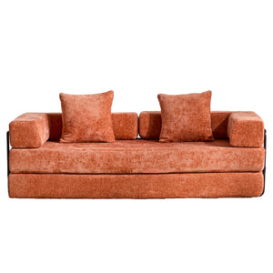 English Elm Floor Couch - Stylish Convertible Futon Sofa Bed With Armrests & Pillow Support In Orange Chenille W3723P344022