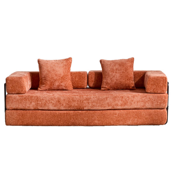 English Elm Floor Couch - Stylish Convertible Futon Sofa Bed With Armrests & Pillow Support In Orange Chenille W3723P344022