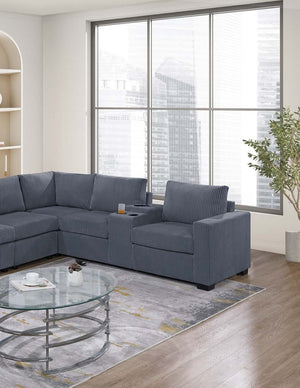 English Elm Modern 4-Piece Corduroy L-Shaped Sectional Sofa with Console, Cup Holders, USB Port, Plush Seating Dark Gray 53.5 L x 39 W x 27 H B011S01752