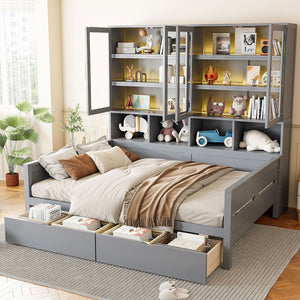 English Elm Full Size Wooden Daybed With Stylish Led Lighting, Glass Storage Cabinets & Versatile Shelves In Gray N820S00051E