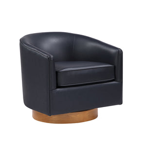 English Elm Maisy Barrel Swivel Chair in Midnight Blue Faux Leather with Wooden Base, Pocket Coil Comfort B050P322574