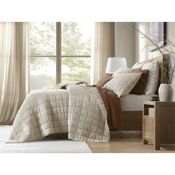 English Elm 3-piece French Linen Quilt Set King Garment Washed Box Stitch Breathable Bedding Linen B035P408298