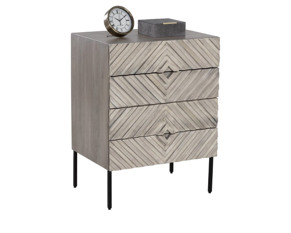 Sunpan NOEMI Nightstand - Handcrafted Grey Mango Wood with Black Steel Base, Exotic Four-Drawer Storage Solution 107342