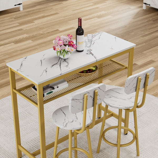 English Elm Dining 5-Piece Farmhouse Dinette Set with Sleek Metal Frame, Compact Mid-Century Table and 4 Chairs for Kitchen White+Gold W578P304320