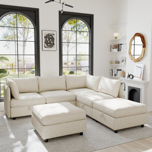 English Elm Modular Sectional Sofa with Under Seat Storage Converts to Sleeper for Living Room Beige W680S00136