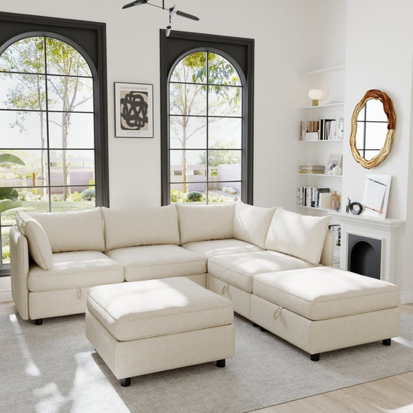 English Elm Modular Sectional Sofa with Under Seat Storage Converts to Sleeper for Living Room Beige W680S00136
