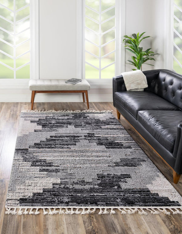 Unique Loom Cherokee Henderson Machine Made Geometric Rug Fossil Gray, Black/Ivory/Gray 6' 1" x 9' 0"