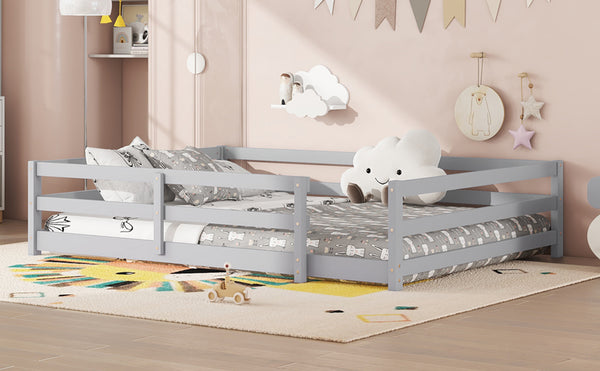 English Elm Full Montessori Floor Bed with Fence and Door, Natural Pine Slatted Full Size Bed, 300lb Capacity, Easy Assemble Grey W1820P369891