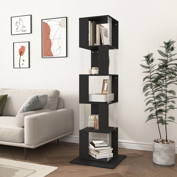 English Elm 5 tier rotating bookshelf with 360° swivel, large-capacity wood veneer rack with acrylic shelves and anti-tip base Black W409P167481