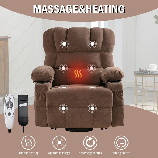 English Elm Power Lift Lounge Chair With Heating & Vibration Massage For Elderly, Usb Charging, Brown Upholstery W1521P302628-GIGA