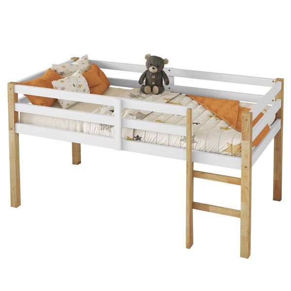 English Elm Solid Twin Loft Bed Natural-White Rubberwood with Ladder, Strengthened Slats, Storage-Ready Design W504P233031