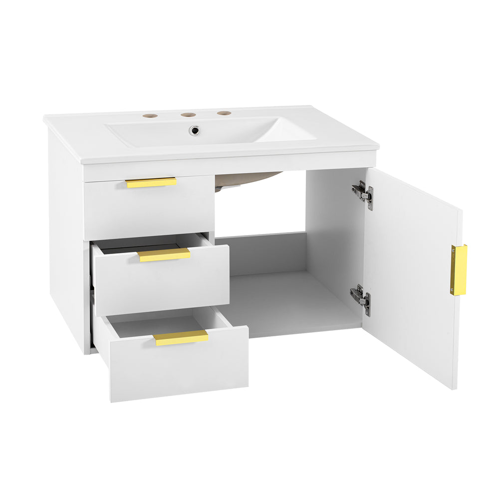 English Elm 30" Bathroom Vanity with Sink — Wall-Mounted Ceramic Basin, Soft-Close Storage, Floating Modern Design White N710S324096K