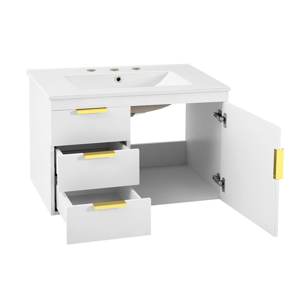 English Elm 30" Bathroom Vanity with Sink — Wall-Mounted Ceramic Basin, Soft-Close Storage, Floating Modern Design White N710S324096K