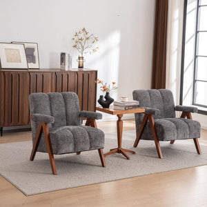 English Elm Mid-century Modern Chenille Lounge Chair Set Oak Frame Cloud Silhouette Living Room Gray W1170S00050
