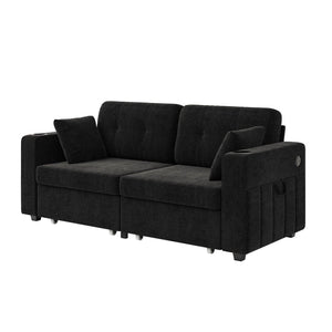 English Elm Sofas for Living Room Chenille Three Seat Couch with Usb Charging Storage and Cup Holder Black W395S00144