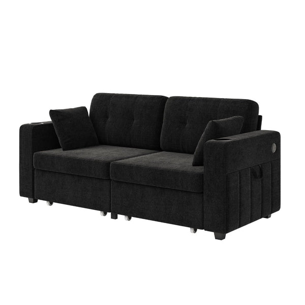 English Elm Sofas for Living Room Chenille Three Seat Couch with Usb Charging Storage and Cup Holder Black W395S00144