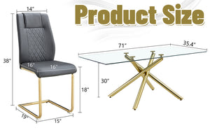 English Elm Table Modern Luxurious Transparent Glass Dining Set With 8 Dark Gray Pu Chairs & Gold Legs W1151S02592-GIGA