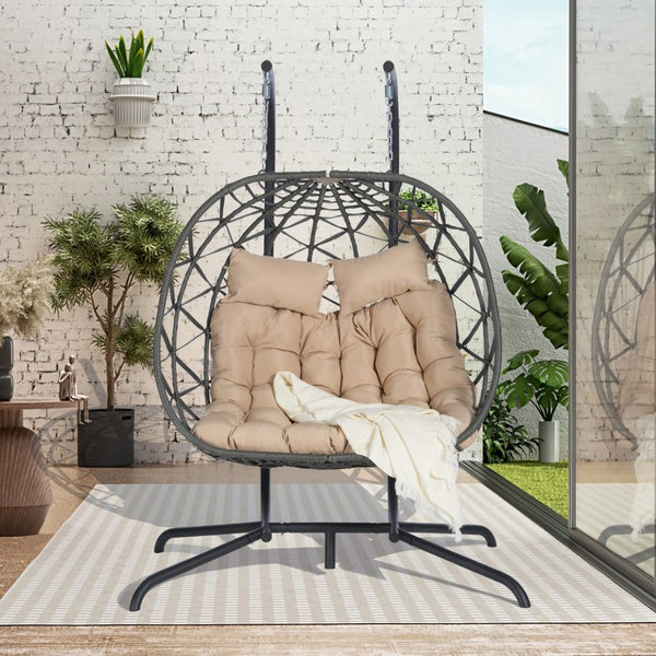 English Elm Double Hanging Wicker Egg Chair with Iron Stand Outdoor Uv Resistant 600 Lb Patio Swing W874P270569