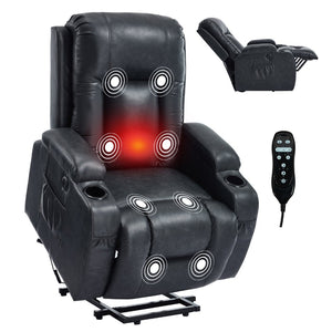 English Elm Beige Pu Leather Power Lift Recliner with Massage Lumbar Heat and Usb Charging Gray W1803S00084