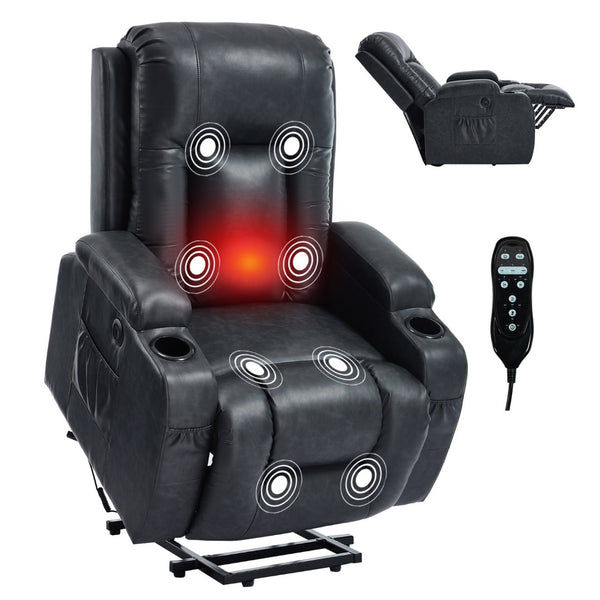 English Elm Beige Pu Leather Power Lift Recliner with Massage Lumbar Heat and Usb Charging Gray W1803S00084