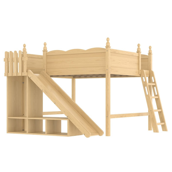 English Elm Queen Loft Bed With Detachable Slide, Storage Shelves & Cabinet - Solid Wood For Fun & Space Savvy! W1580S00250-GIGA