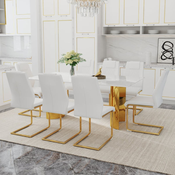 English Elm Table And Chair Set - Elegant Glass Top With Imitation Marble, Gold Legs, 8 Comfortable Pu Chairs W1151S04346-GIGA